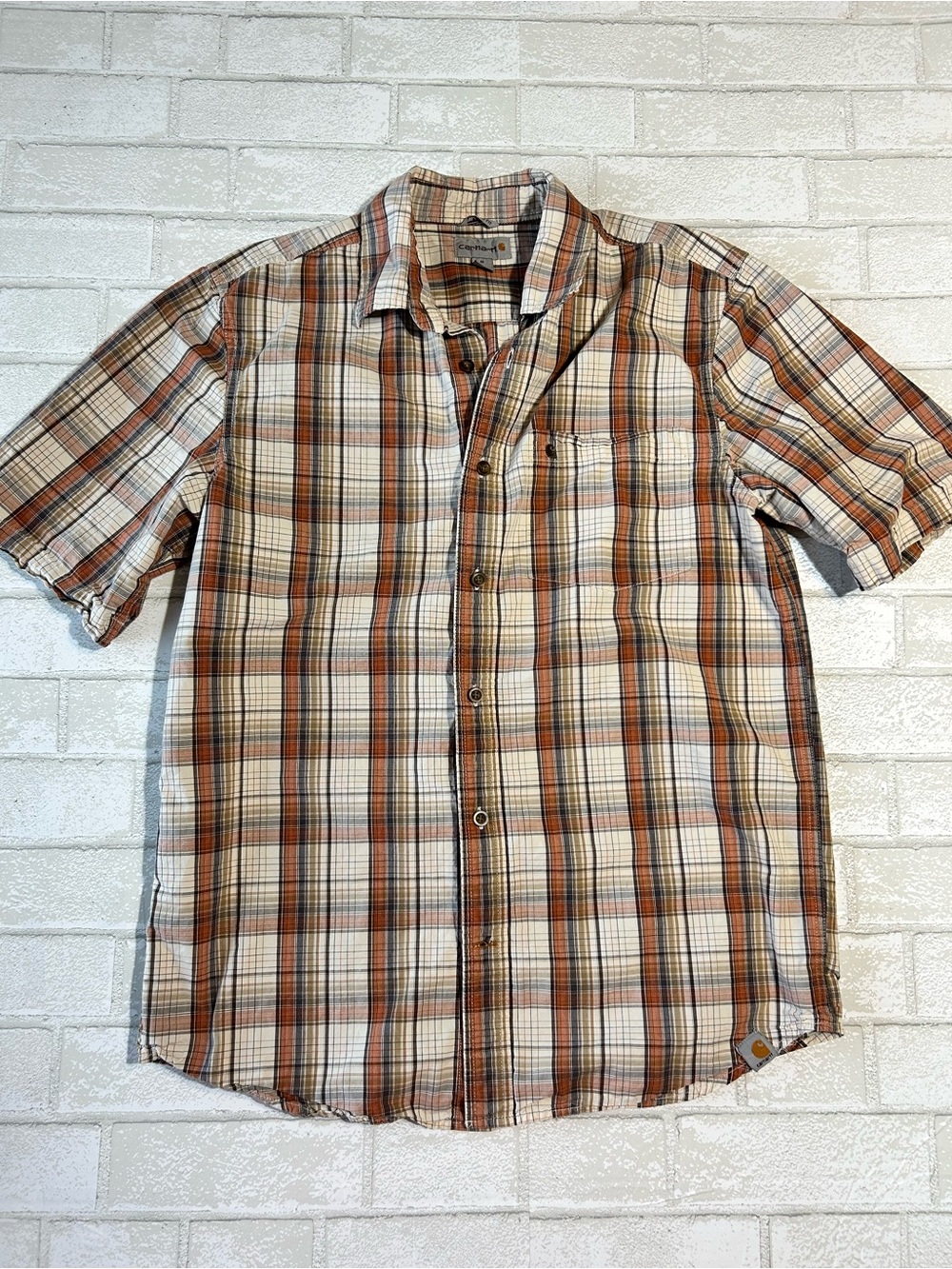Carhartt Casual Short-Sleeve Plaid Button-Up Workwear Tan and Brown Size Medium